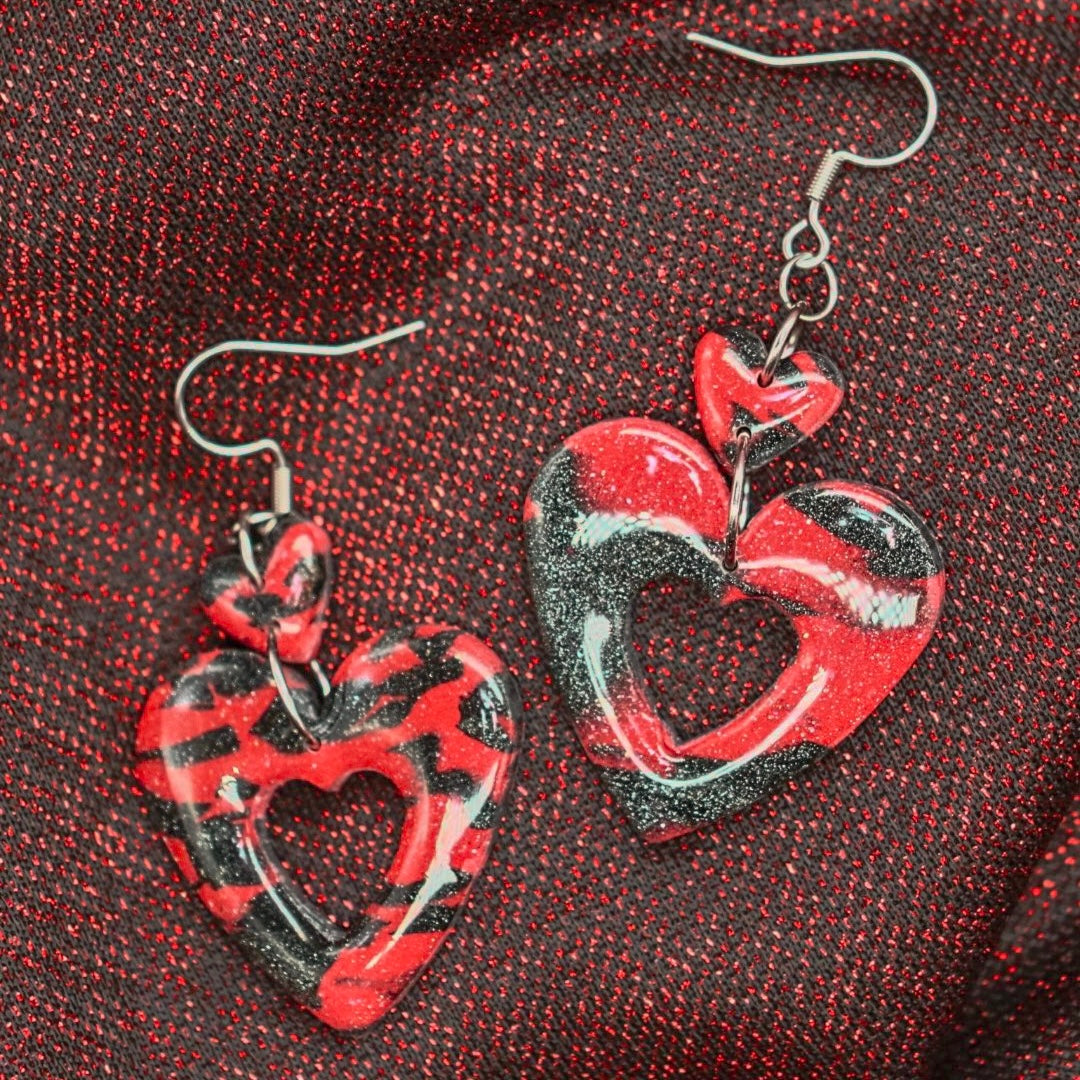 Red and Black Marbled Double Heart Drops