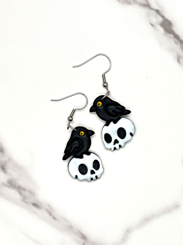Raven on Skull Mirrored Earrings