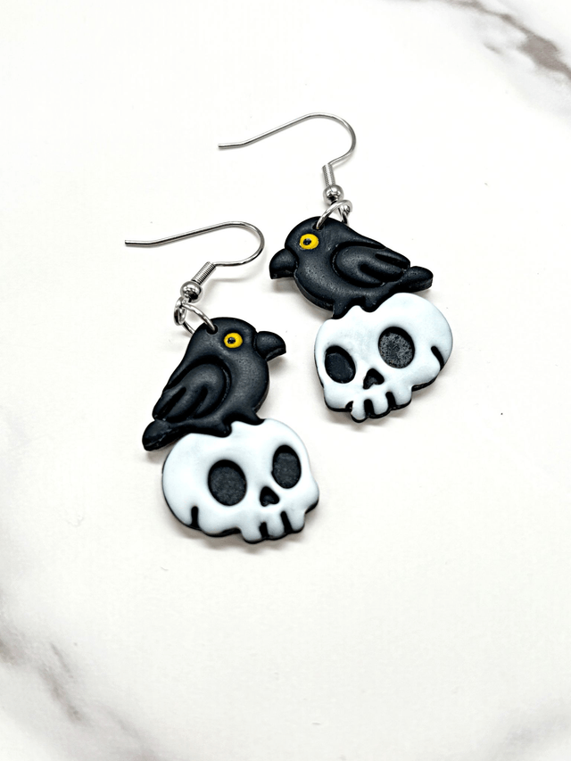 Raven on Skull Mirrored Earrings