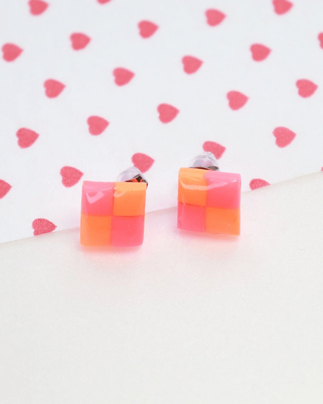 Neon Pink and Orange Checkerboard Studs
