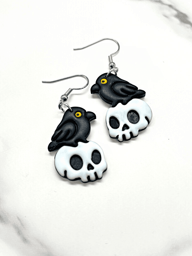 Raven on Skull Mirrored Earrings