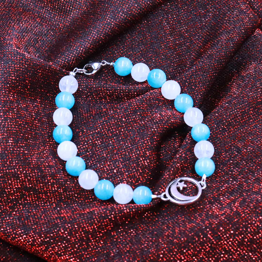 Blue and White Beaded Braclet with Moon Charm