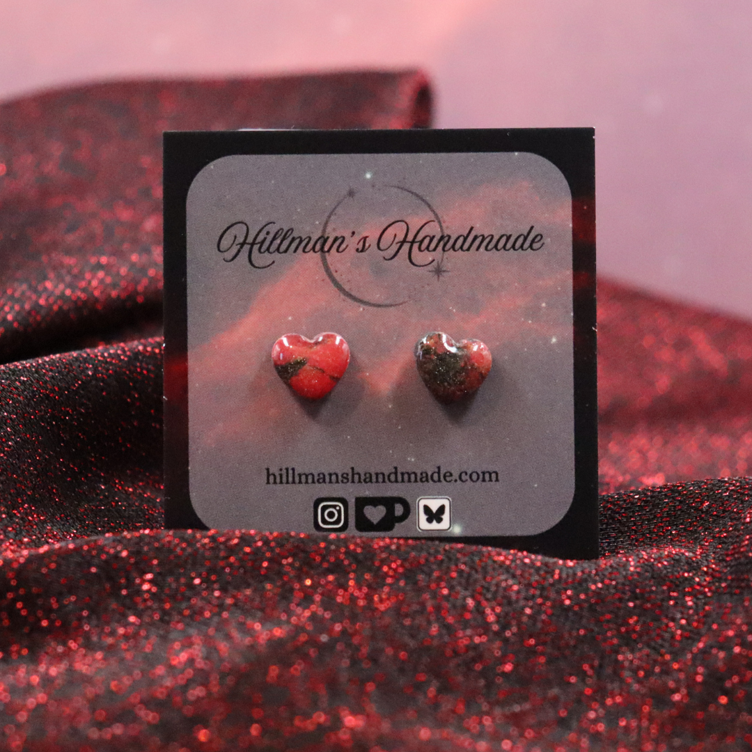 Marbled Red, Black and Gold Heart Studs