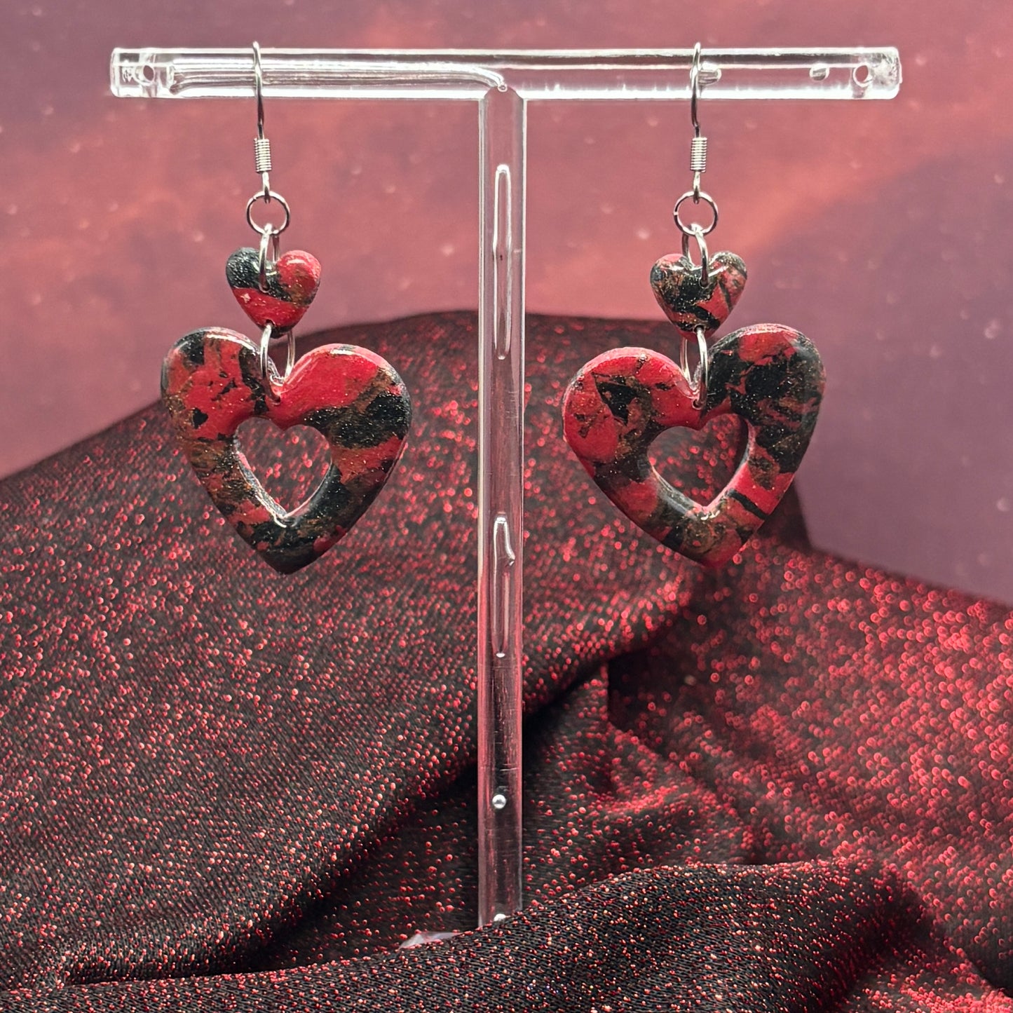 Red, Black & Gold Marbled Double Heart Drops