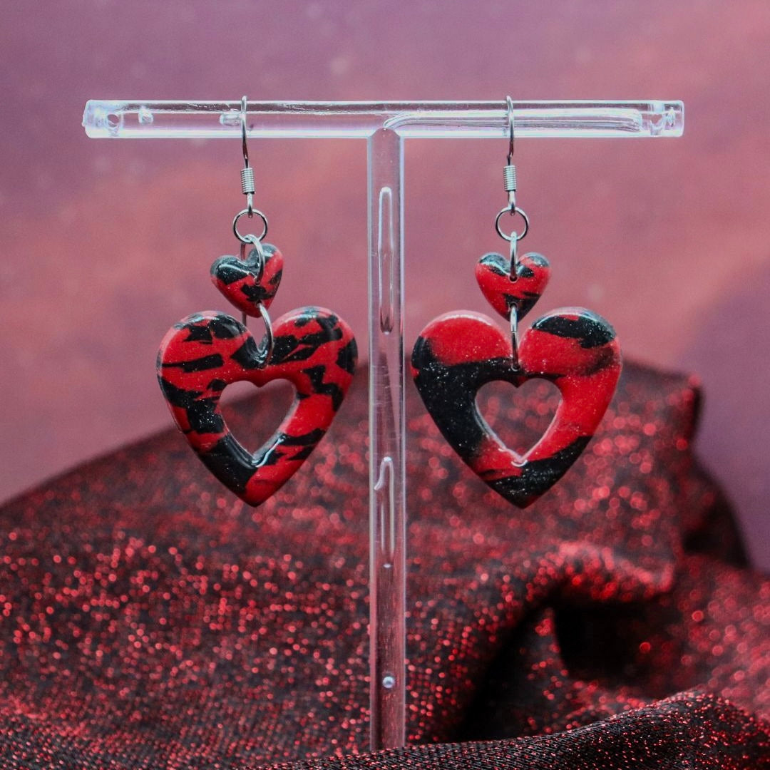 Red and Black Marbled Double Heart Drops