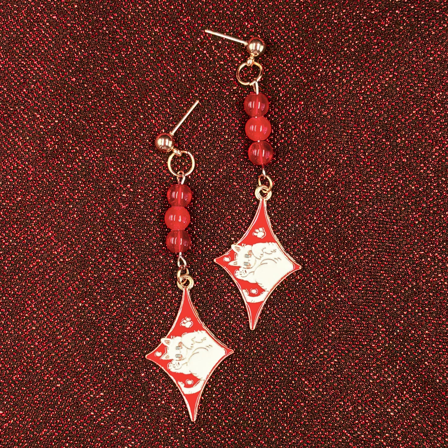 Red Bead Drops with Cat Charm