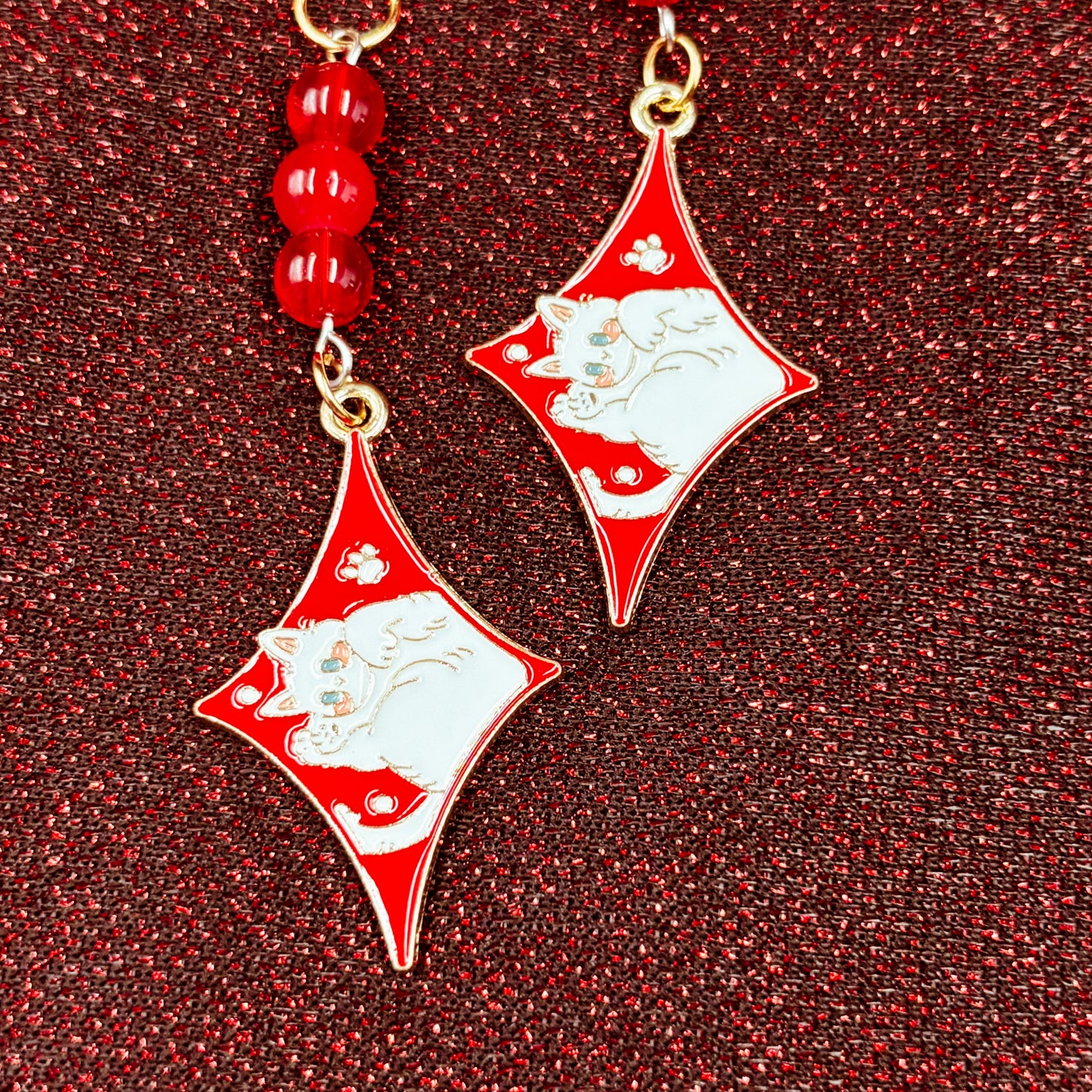 Red Bead Drops with Cat Charm