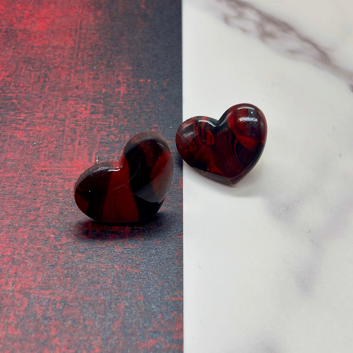 Marble Black and Red Large Heart Studs
