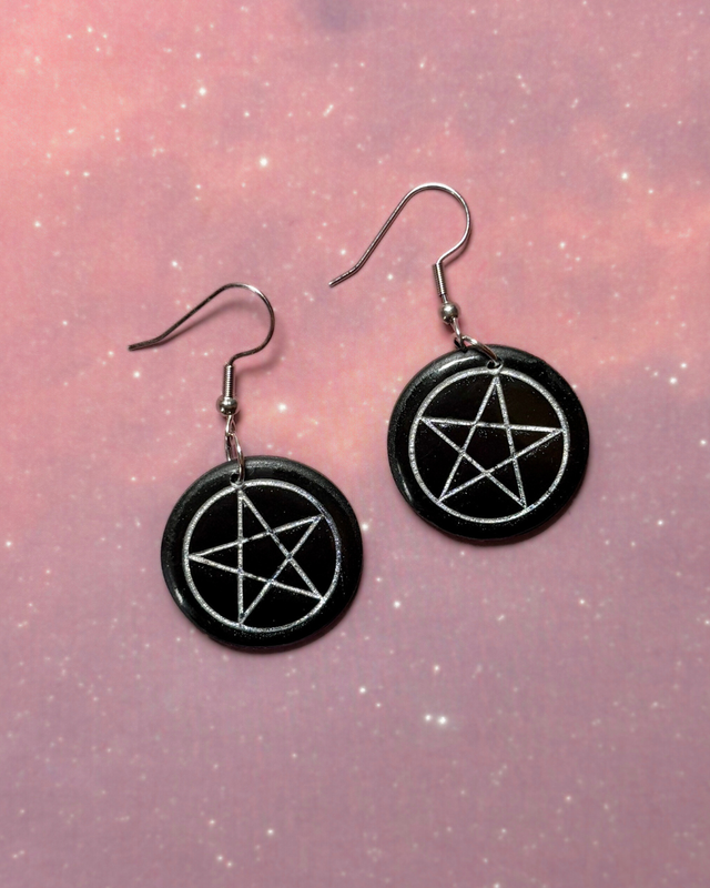 Black and Silver Pentagram Circle Earrings