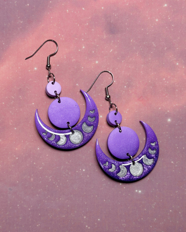 Purple Moon Phase Celestial Drop Earrings