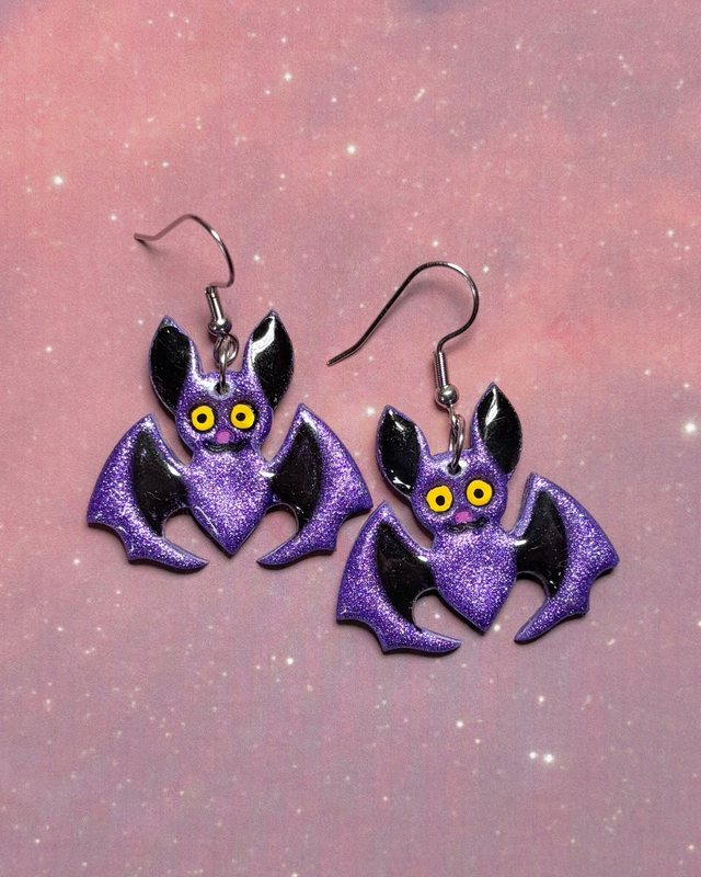 Oversized Sparkly Purple Bat Earrings