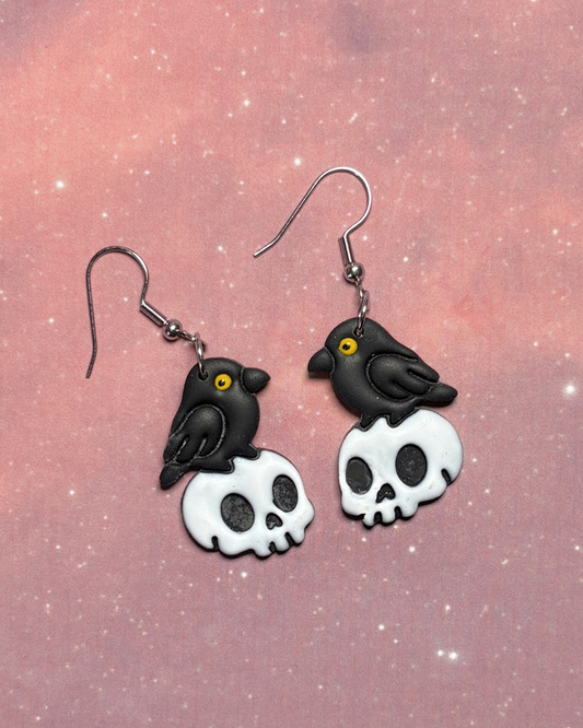 Raven on Skull Mirrored Earrings